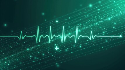 Obraz premium A stock illustration representing Media transparency in teal and dark green, incorporating diagonal shapes and metaphors of medical crosses and heartbeat lines