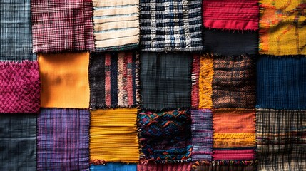 A patchwork woven pattern combining multiple fabric textures and colors into a unique design