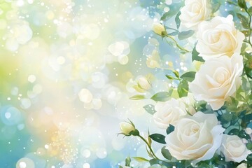 Delicate white roses bloom amidst a dreamy backdrop of soft colors and shimmering light. Generative AI