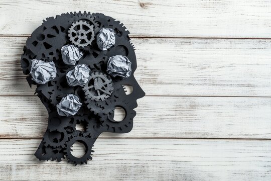 Cogs, crumpled paper, brain, wooden background