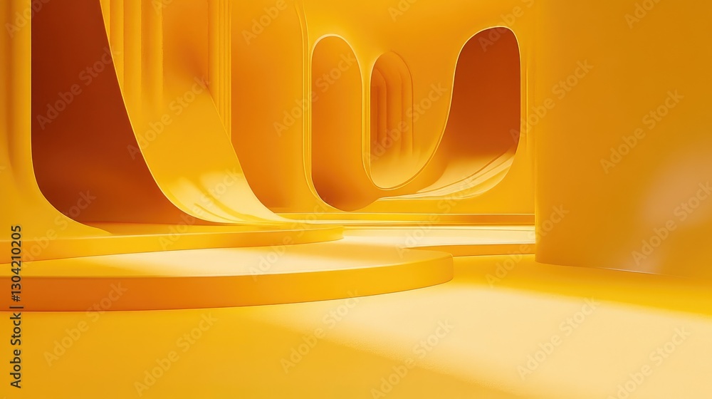 Poster a bright yellow platform featuring detailed abstract shapes, lit by soft lighting that highlights it