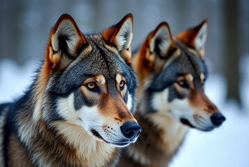Fototapeta premium Two wolves in a snowy forest, one in the foreground, one in the background.
