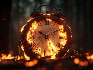 melt grim Fiery chain concept. A burning clock in a dark forest symbolizes the passage of time and urgency.
