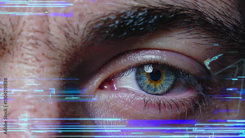 Poster close-up of a human eye with digital glitch effects, creating a futuristic and tech-inspired style. 