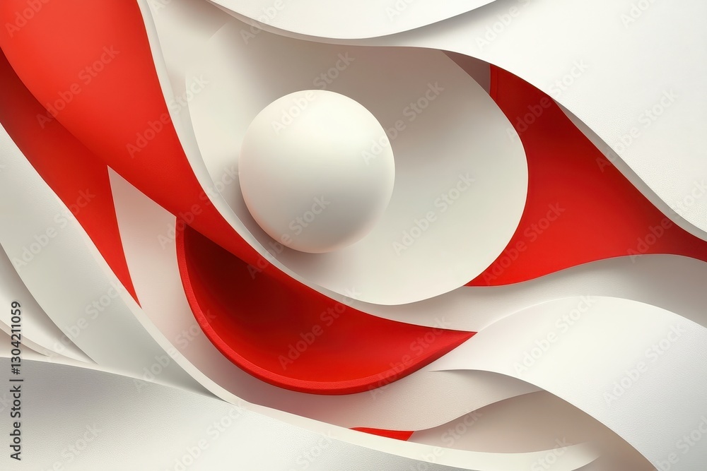 Poster creative design of swirling red and white shapes with a central sphere, showcasing modern art influe