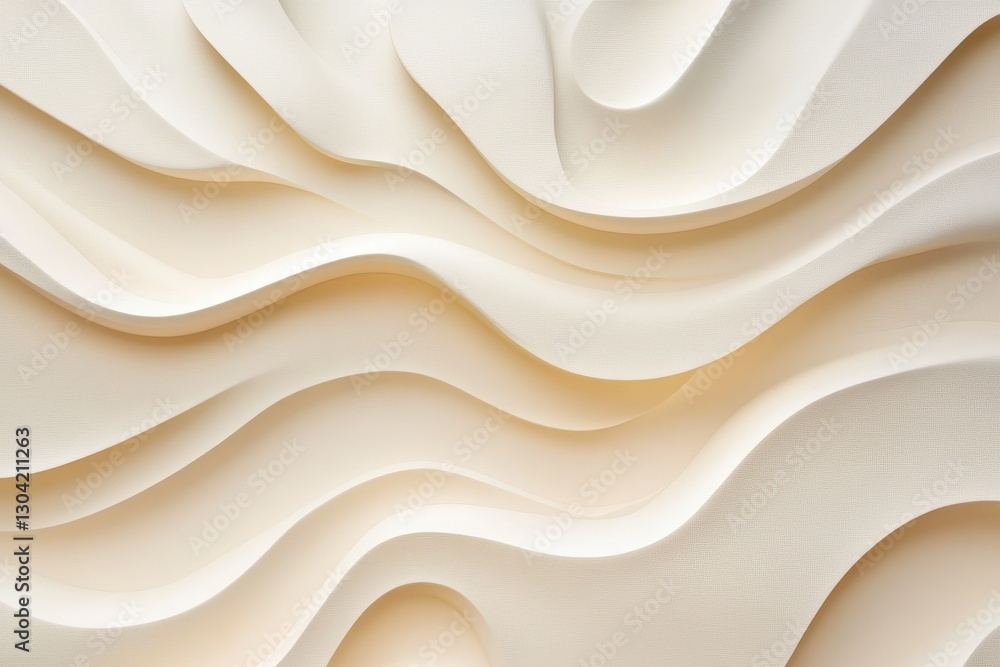 Poster fluid patterns of cream-colored waves grace the wall, creating a serene and modern decorative elemen