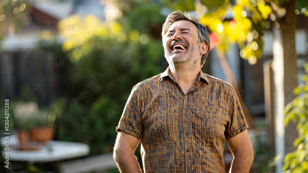 Poster man is smiling and laughing while standing in a yard