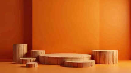 Minimalist Wooden Display Platforms Against Vibrant Orange Background for Product Showcase and Presentation