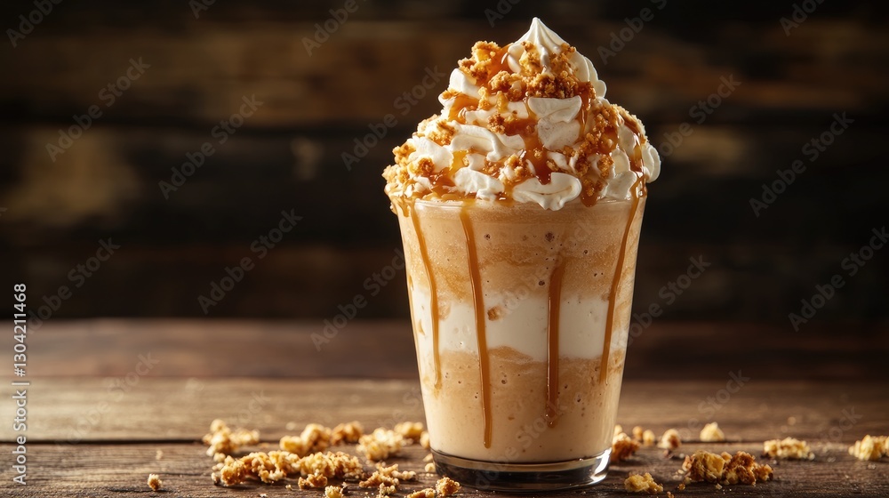 Poster a caramel creamy shake adorned with whipped peaks and crunchy toppings, creating a dynamic, visually