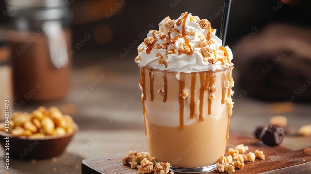 Poster a caramel creamy shake adorned with whipped peaks and crunchy toppings, creating a dynamic, visually