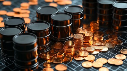 Stacks of oil barrels and coins on a grid surface