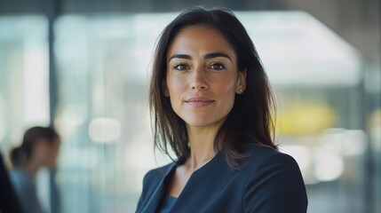 Confident young adult female in professional attire standing in modern office