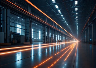 Industrial Warehouse Interior with Orange Light Trails