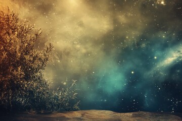 Stars twinkle above a cosmic landscape with a lone tree silhouetted against a vibrant galaxy. Generative AI