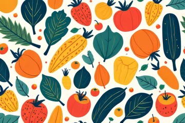 Colorful Pattern of Fruits and Vegetables with Leaves