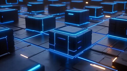 Futuristic blue cubes network data center