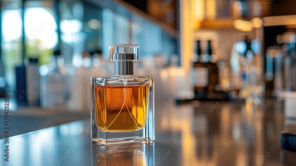 Poster a close-up of a modern perfume bottle on a sleek lab counter, embodying the elegance and precision o