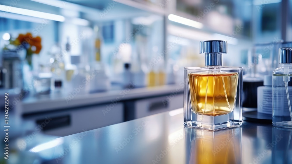 Aufkleber A close-up of a modern perfume bottle on a sleek lab counter, embodying the elegance and precision of the latest fragrance-making techniques in a stylish lab environment