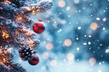 Snowy winter wonderland with festive ornaments and twinkling lights creating a holiday atmosphere of joy and warmth. Generative AI