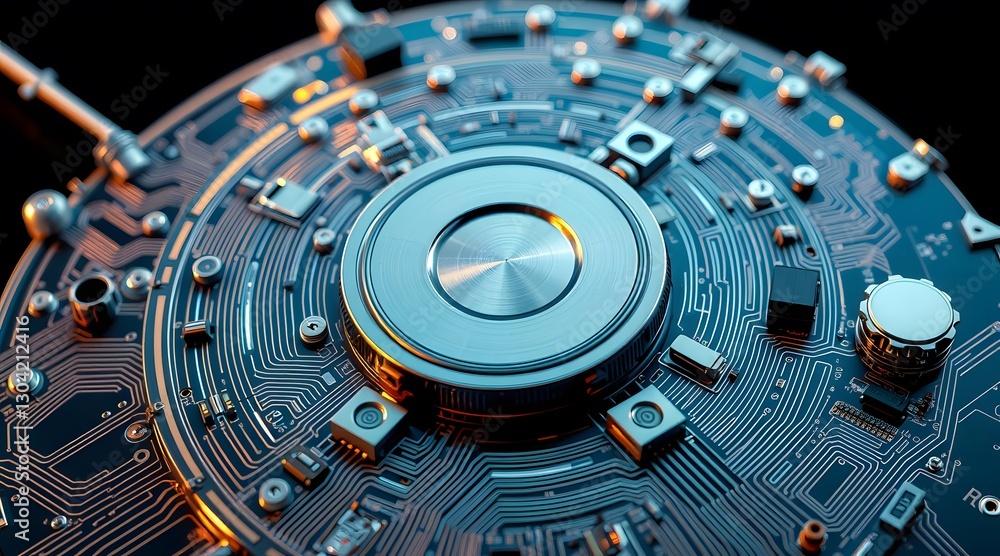 Poster futuristic circuit design with intricate details and a glowing metallic surface, showcasing advanced