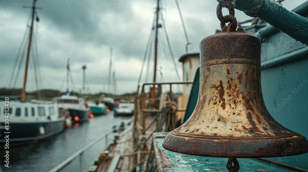 Poster a close-up of a rusty ship bell on a deck, with several boats moored in the background under a cloud