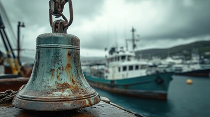 Fototapeta premium A close-up of a rusty ship bell on the deck, with boats in the background and an overcast sky, invoking a sense of maritime nostalgia and the history of the sea