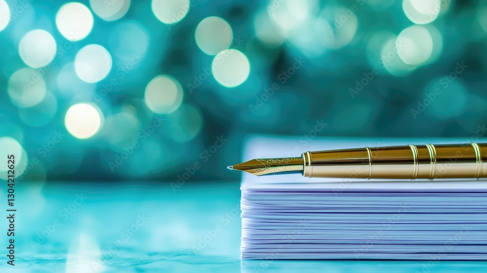 Poster a close-up of a stack of lined papers with a golden pen elegantly placed on top, against a dreamy aq
