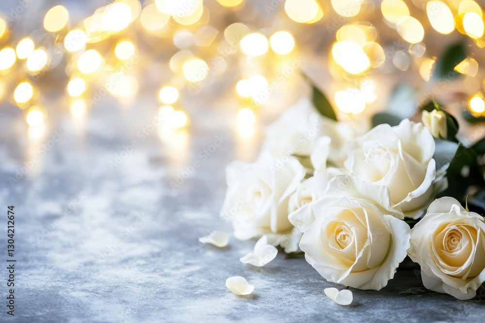 Poster delicate white roses elegantly arranged with soft golden bokeh lights illuminating a serene backdrop