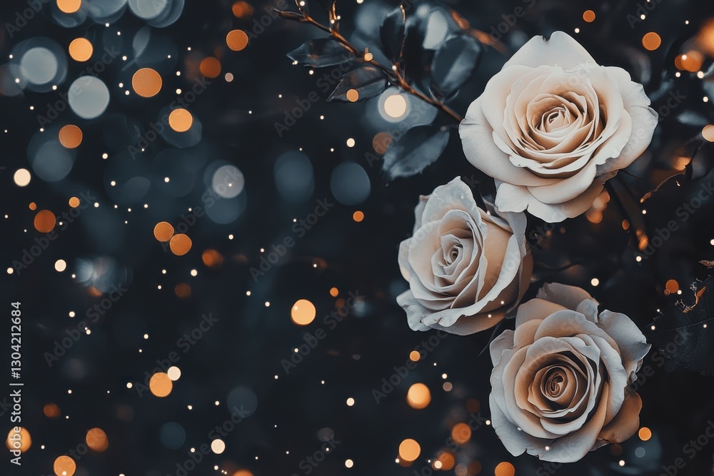 Poster elegant roses glow softly amid a sparkling backdrop of light and dreamy bokeh, creating a romantic a