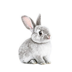 Obraz premium Cute gray rabbit with fluffy fur and big ears sitting gracefully against a white background.