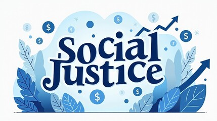 A stock illustration representing Social justice in Sky blue and white colors, with bold typography and conceptual metaphors of Dollar signs and rising arrows, texture overlays