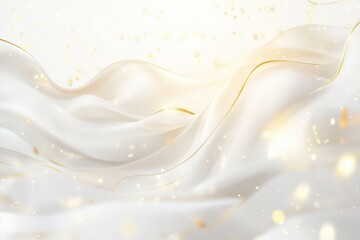 Delicate white silk fabric flowing gently, adorned with golden accents, creating an ethereal atmosphere filled with sparkle. Generative AI