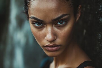 Stunning close-up of a confident young woman with captivating eyes, showcasing beauty against a textured background. Generative AI