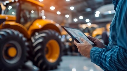 Adult male analyzing tractor performance on digital tablet in industrial setting