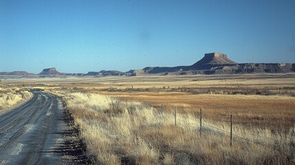Obraz premium Dusty road through arid landscape, mesas in the distance