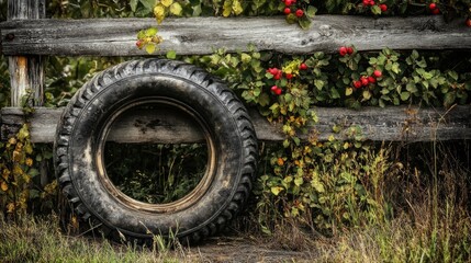 Obraz premium A close-up of an old, weathered tire resting against a rustic wooden fence, surrounded by nature, adding a timeless, vintage touch to the scene