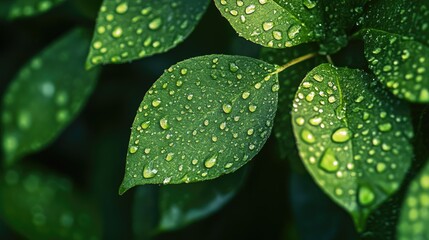 Fototapeta premium A close-up of fresh green leaves glistening with dew, bathed in soft natural light, capturing the delicate beauty of nature's morning refreshment