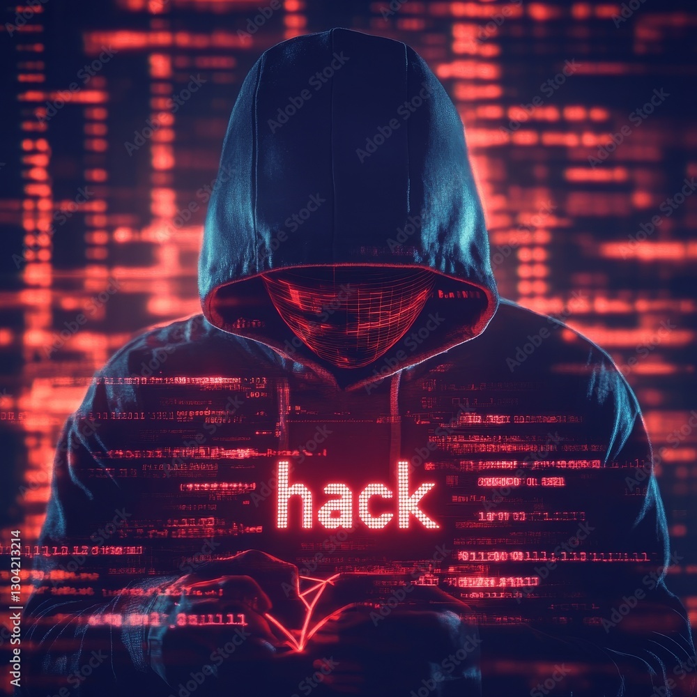 Aufkleber anonymous hacker in hoodie with red digital overlay, threatening cyber security and data breach.