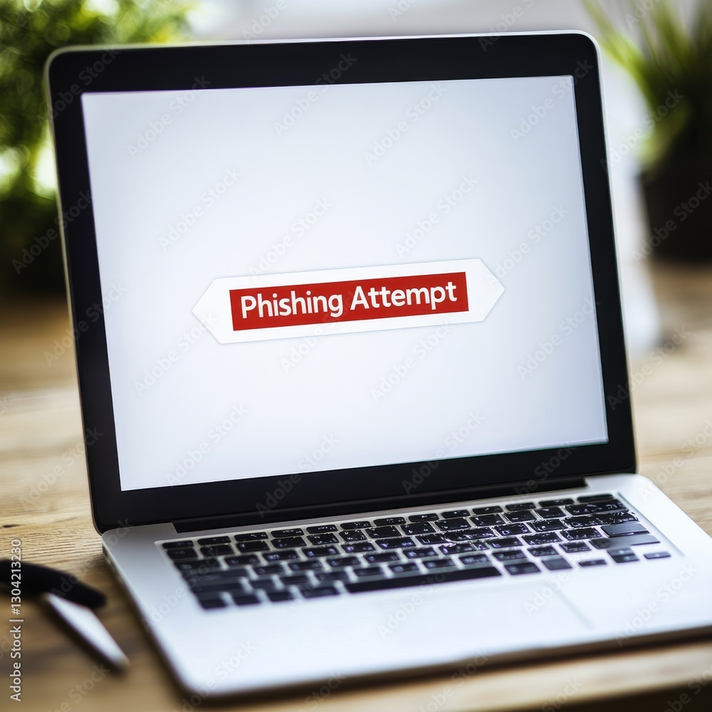 Aufkleber be cautious of phishing attempts: a laptop displaying a warning on the screen, highlighting the risk