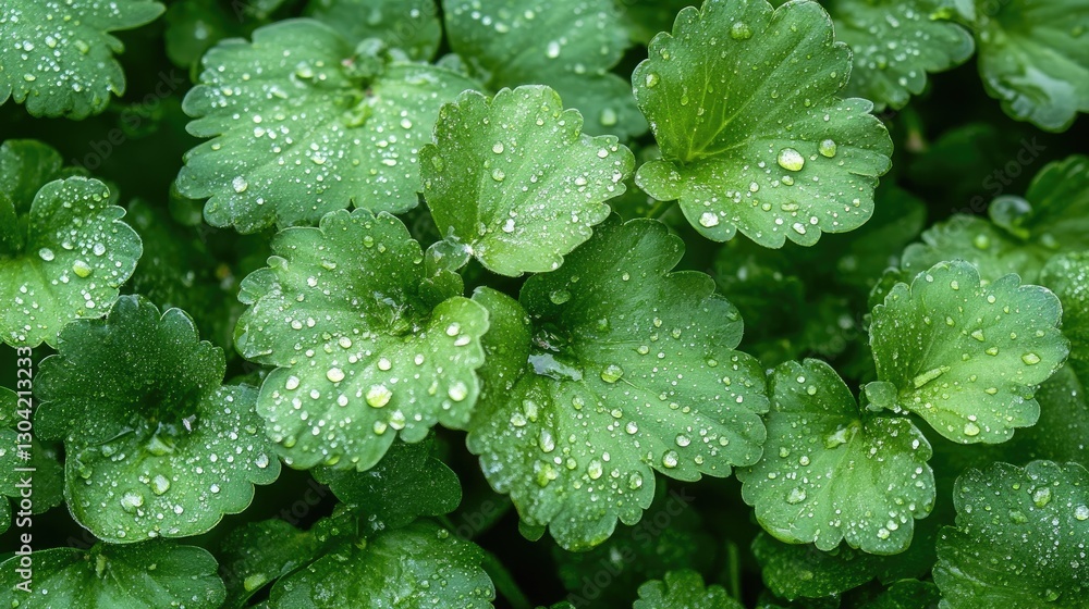Poster a close-up of lush green leaves, adorned with dew droplets and illuminated by soft natural light, ca