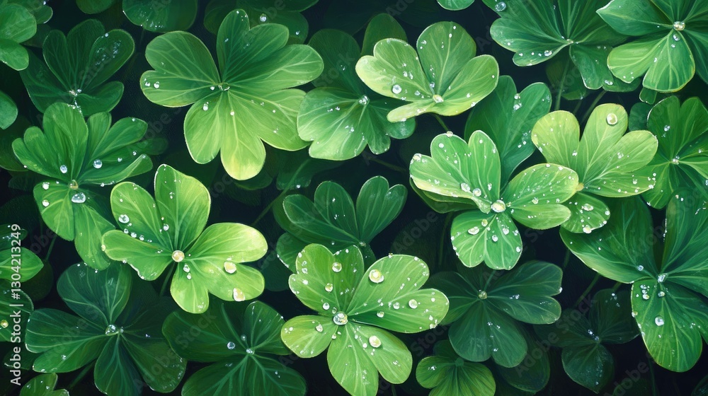 Poster a close-up of lush green leaves, adorned with dew droplets and illuminated by soft natural light, ca