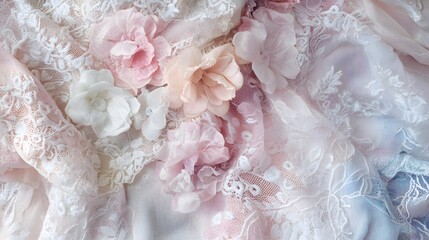 Fototapeta premium A soft pastel woven pattern with delicate lace interlaced in romantic floral designs