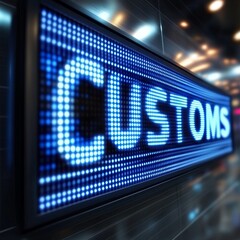 Obraz premium Bright Blue Customs LED Sign for International Travel and Trade Compliance, Airport Hall