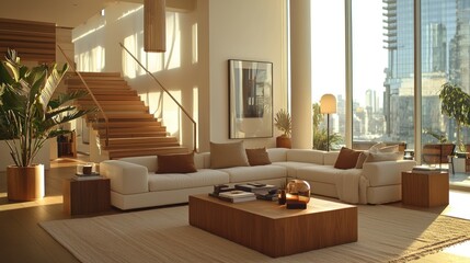 Modern penthouse living room, sunlit, city view, relaxing