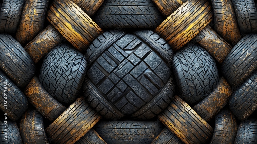Poster a close-up overhead view of several car and truck tires, neatly organized in a symmetrical pattern, 