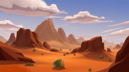 Naklejka premium Stylized Desert Landscape with Red Rock Formations and Distant Mountains under a Sunny Sky