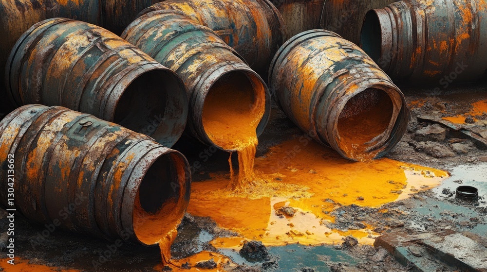 Poster a collection of old, rusty barrels lie on the ground with vibrant orange liquid spilling out, creati