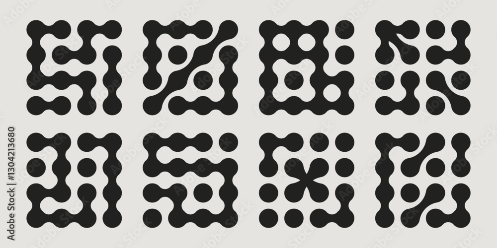 Poster metaball geometric pattern set of abstract rounded shapes - black minimalist squares with flowing or