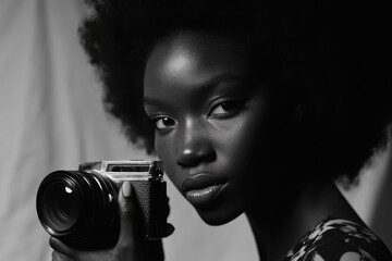 Elegant portrait of a woman holding a camera in black and white with a soft expression. Generative AI