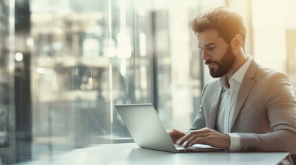 Businessman Working on Laptop by Window